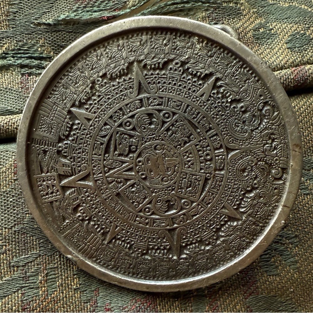 Vintage 1974 Mayan Aztec Calendar Belt Buckle Bergamot